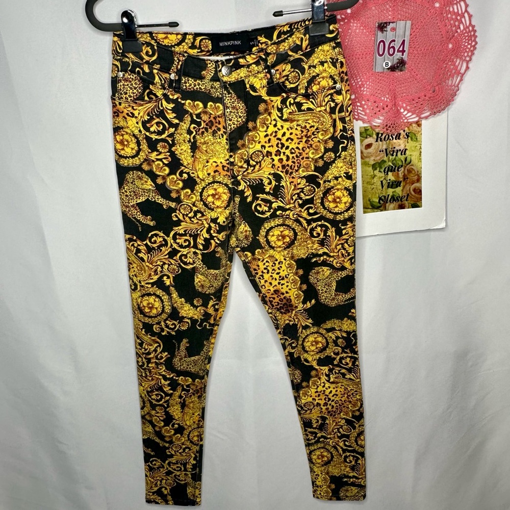 MinkPink Outrageous Fortune Barocco High-Rise Skinny Jeans Gold/Black Small - Picture 5 of 13